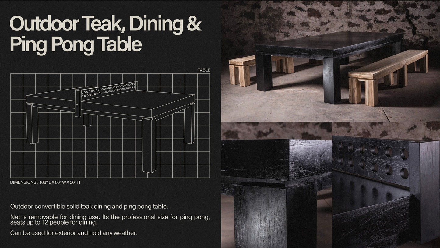 Mesa de comedor/ping pong y bancos de teca negra